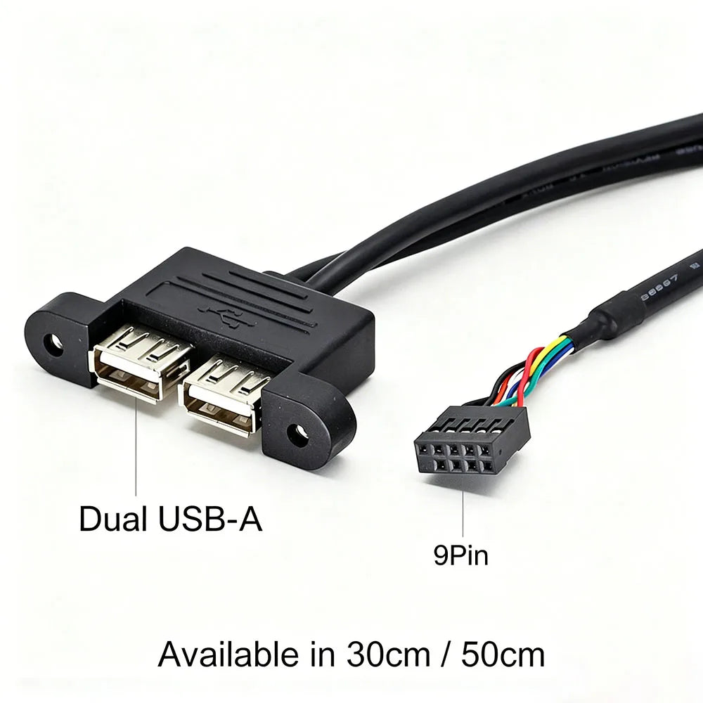 9Pin USB2.0 Internal Cord,Dual USB-A Panel Mount Female,2.54mm MB Front Header,30cm/50cm Option PC Chassis Front Panel DIY