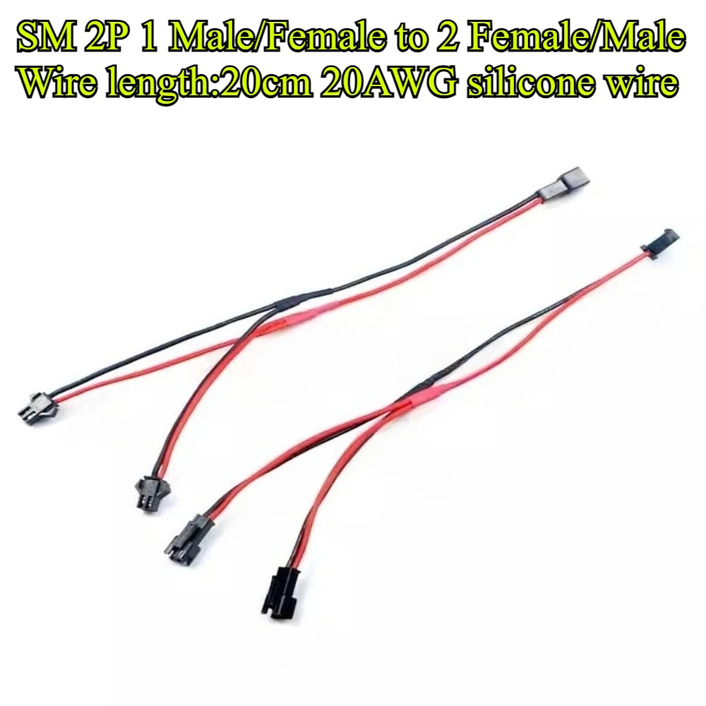 2Pin LED Y Splitter Connector JST SM 1 Male/Female to 2 Female/Male Wire Cable 20AWG For WS2812 WS2811 SK6812 RGB RGBW Led Strip