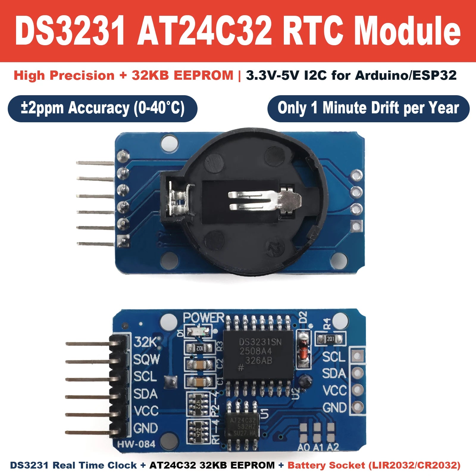 DS3231 AT24C32 IIC Precision RTC Real Time Clock Memory Module Without Battery 3.3V-5V for Arduino ESP32 Temperature Compensated