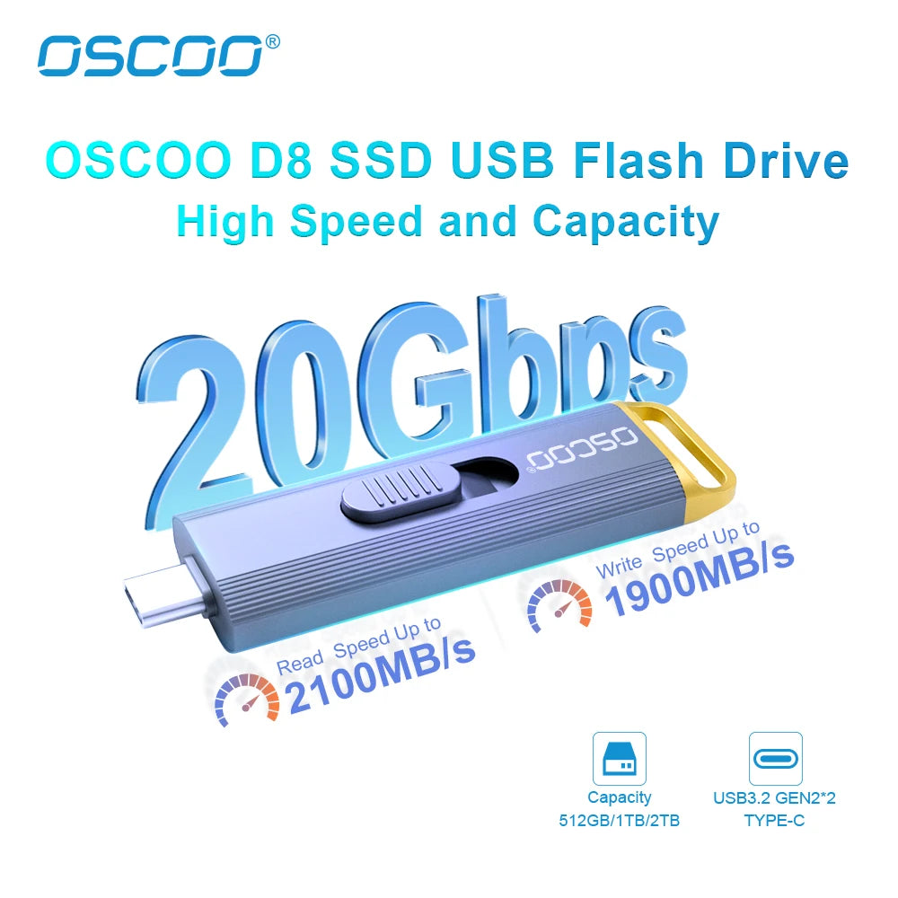 OSCOO PSSD 1TB SSD USB Flash Drive 20Gbps 3D TLC Nand Flash Type C 3.2 Gen2*2 Memory Disk Wireless Portable SSD USB Flash Drive