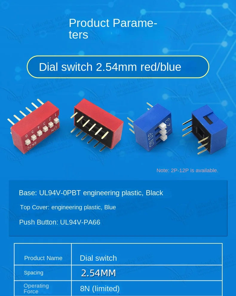 5PCS Dial Switches Toggle Side Dial Flat Dial Coding Patch 2P 4 5 6 8 9 10 Bit 2.54mm Red Blue Black