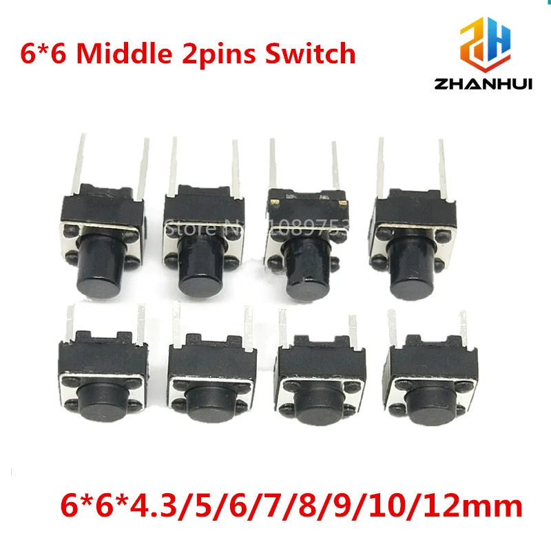 20/50/100Pcs 6x6mm Micro Tactile Switch 2 Pin Momentary Push Button 4.3-12mm Height Tact DIP Switch for Arduino DIY Electronics