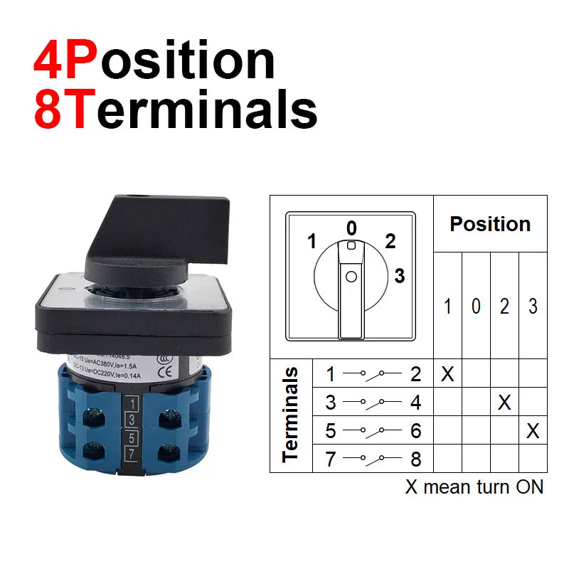 Electric 2/3/4 Position 8 Terminals Rotary Cam Changeover Switch 500V 20A LW28-20