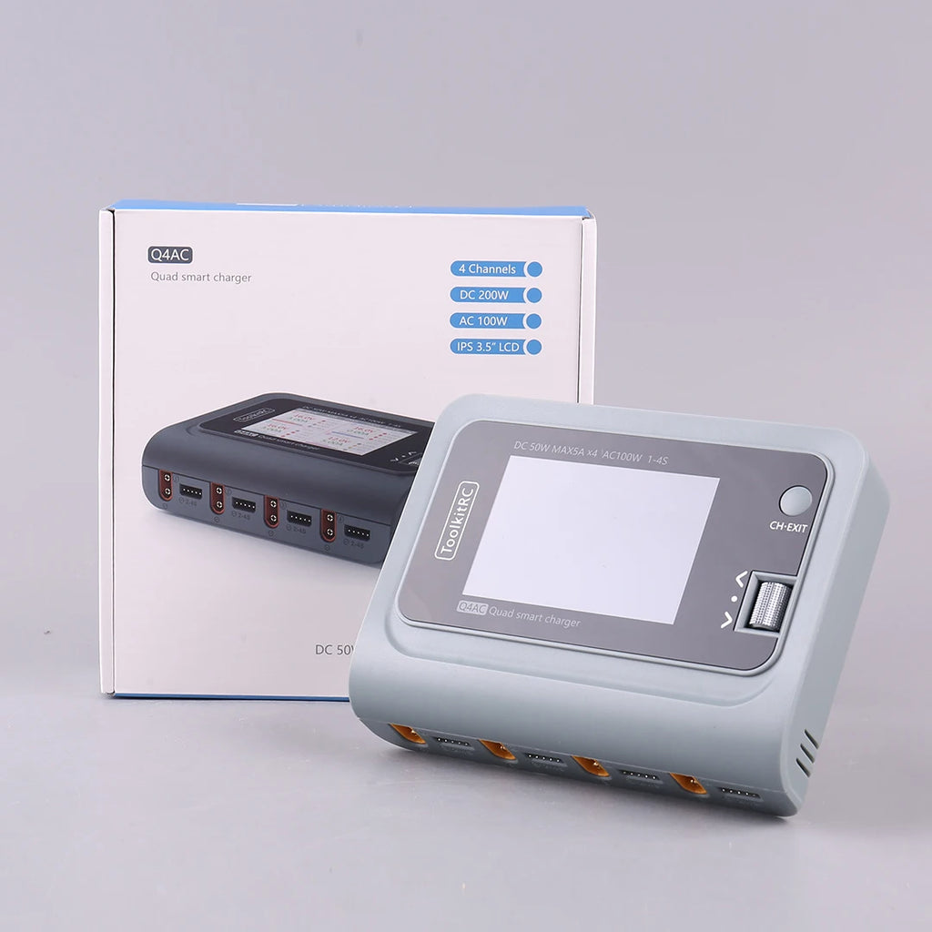 ToolkitRC Q4AC 4x50W 5A AC 100W 4 Port DC Smart Discharger Charger XT60/XT30 Optional for 1-4S Lipo Battery