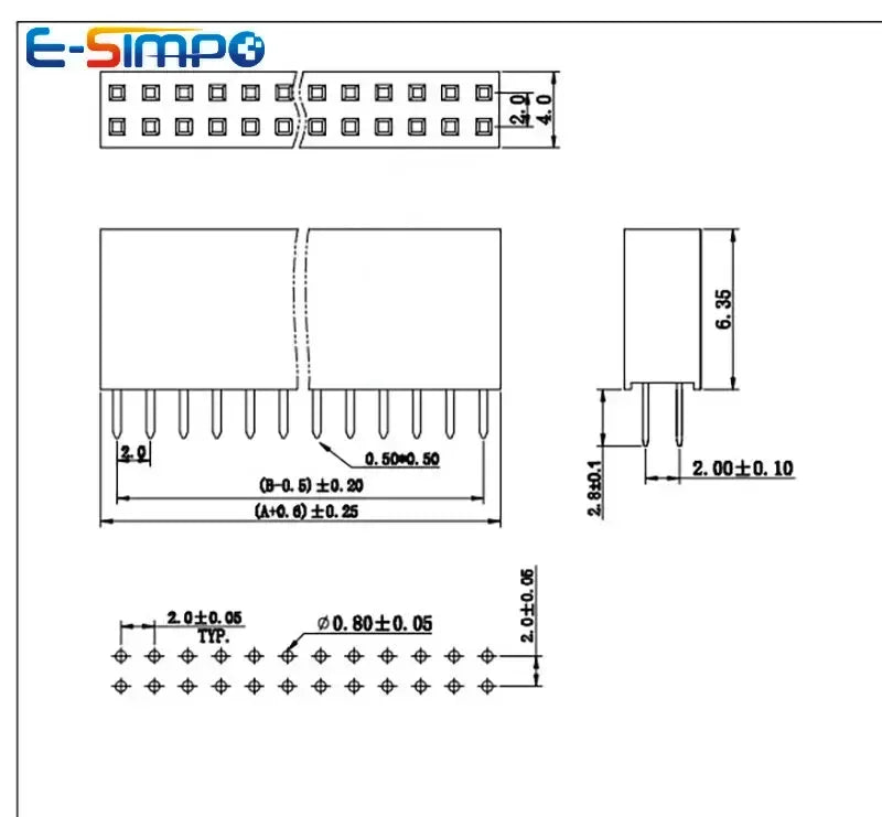 10pcs 2.0mm PH6.35 Straight Female Header Double Row Vertical 2X2/3/4/5/7/8-20/40P PC2.8 1U Gold-plate PCB Pin Socket Connector