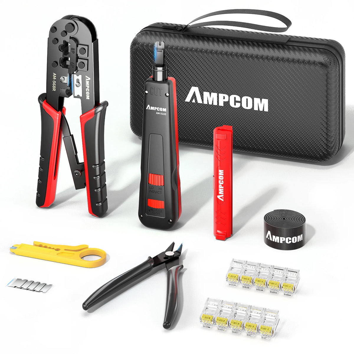 AMPCOM RJ45 Crimping Tool,Network Tool Kit for Cat5e Cat6, 7 in 1 Portable Ethernet Cable RJ45/RJ11 Crimper Kit with Soft Case