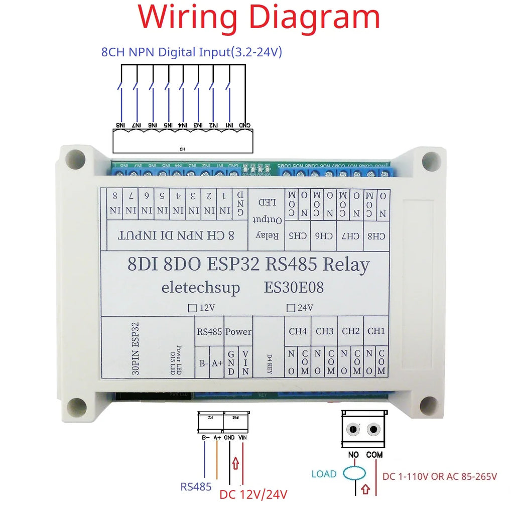 DC12V 24V ESP32 Expansion Board 8CH 10A Relay 8 Opto Isolated Input RS485 WIFI Remote Control PLC Motor LED Timer Switch