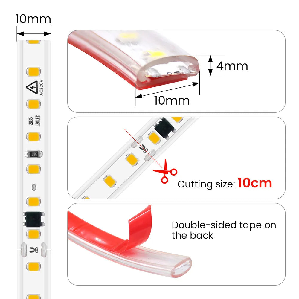 Dimmable LED Strip Light 220V Switch EU Power Dimmer Kit Waterproof 2835 120LEDs/M High Bright Flex Tape Home Decor 0.5M 10M 20M