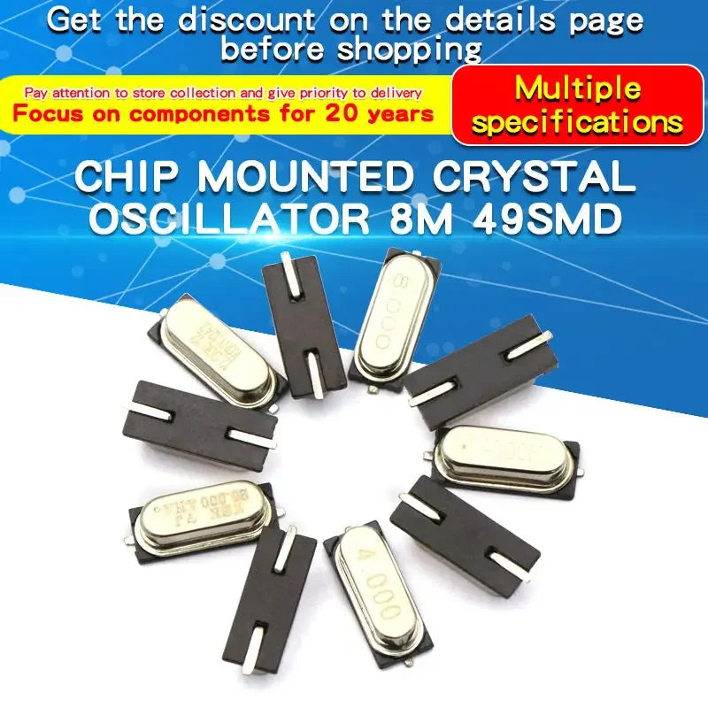 10PCS 4Mhz 6Mhz 8Mhz 12Mhz 11.0592MHZ 14.318MHZ 16MHZ 20MHz 24MHZ 25MHZ SMD Quartz Crystal Resonator Passive Oscillator HC49S