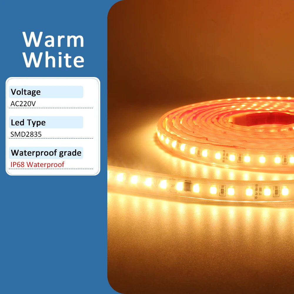 AC 220V LED Strip Light Waterproof SMD 2835 120LEDs/m 1M 5M 10M 20M 30M Flexible Ribbon Tape Lamp for Home Lighting Decoration