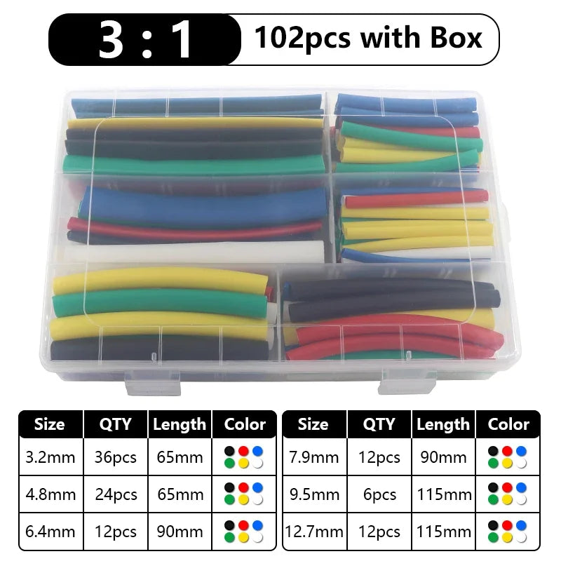 102-750pcs 2:1 Thermoresistant Tube Heat Shrink Wrapping Kit Assorted Wire Cable Insulation Sleeving 3:1 Heat Shrink Tube Set