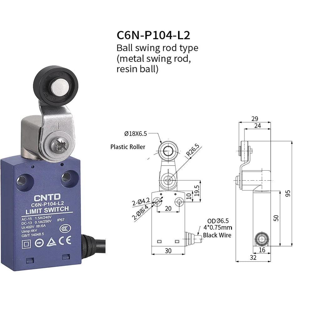 CNTD Micro Limit Switch C6N Series C6N‑101 C6N‑102 C6N‑111 C6N‑121 1NO1NC 10A 250V IP67 Waterproof For Automated Machinery