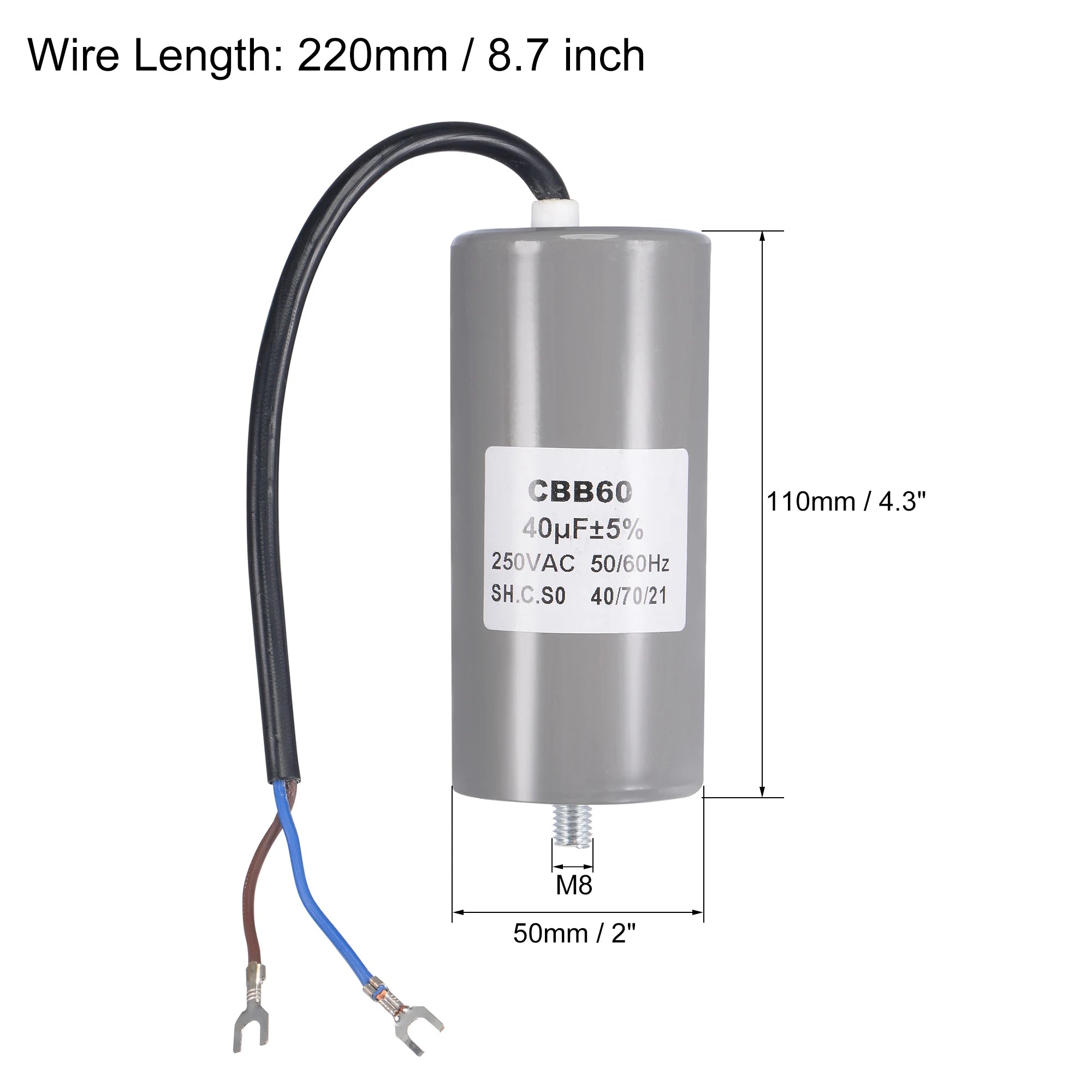 1Pcs CBB60 Run Capacitor 30-50uF 250V AC 2Wire 50/60Hz Cylinder with Terminal M8 Fixing Stud for Air Compressor Water Pump Motor