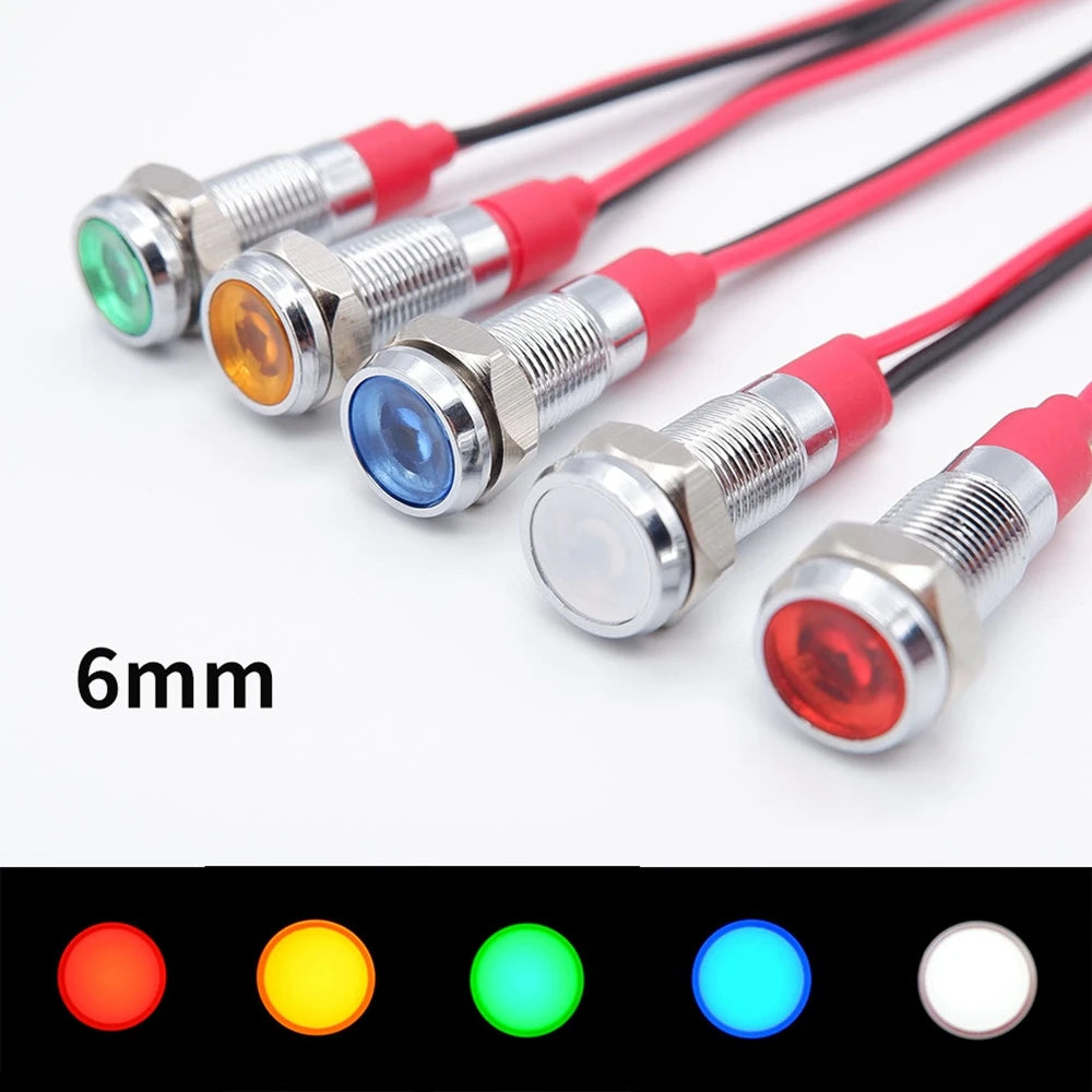 5pcs 6mm Metal Indicator Light LED Warning Signal Lamp Pilot With Wire 3V 5V 6V 12V 24V 220V Red Orange Blue Green White