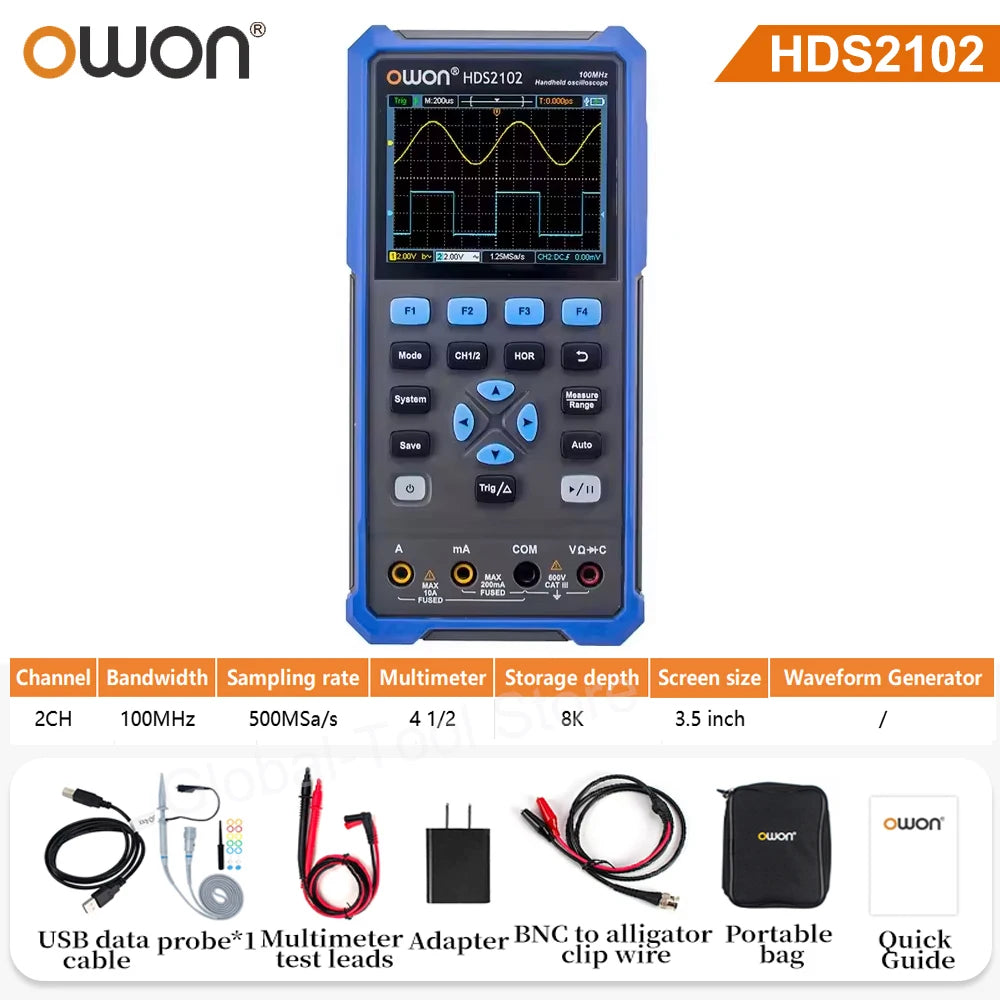 OWON HDS2202S 2102S Digital Oscilloscope 2Channels 200Mhz 1GSa/s Portable 3in1 USB Osiclloscopes + Multimeter+Waveform Generator