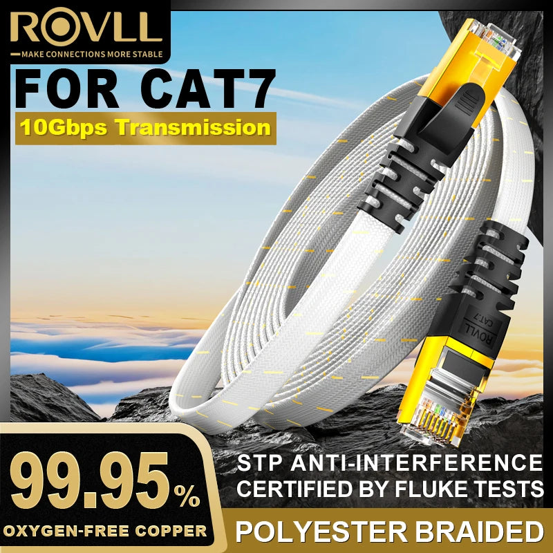 ROVLL CAT7 Ethernet Cable Flat Lan Cable STP Round RJ45 Network Cable Cat 7 Internet Cord 10Gbps Braided Patch Cord
