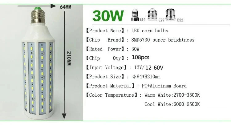 12-60v led corn bulbs smd 5730 12v 24v 36v 48v 60v LED corn light 7w 10w 15w 18w 25w 30W E27 B22 warm/cool white