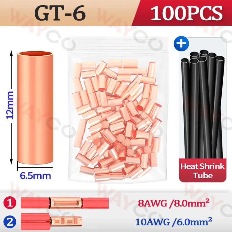 100PCS GT Copper Crimp Terminals Electrical Wire Cable Tubular Connectors Ring Sleeve Ferrules Lugs Have Heat Shrink Tubing