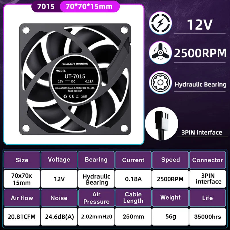 TEUCER UT-60 Slim 60mm PC Case Fan 3500RPM High Airflow CPU Cooler 6/7CM Ultra-thin Cooling Fan