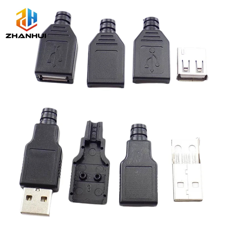 10 Sets DIY USB 2.0 Type-A Male Connector - 4-Pin Solder-Type Black Plastic Shell Adapter for Data Connection