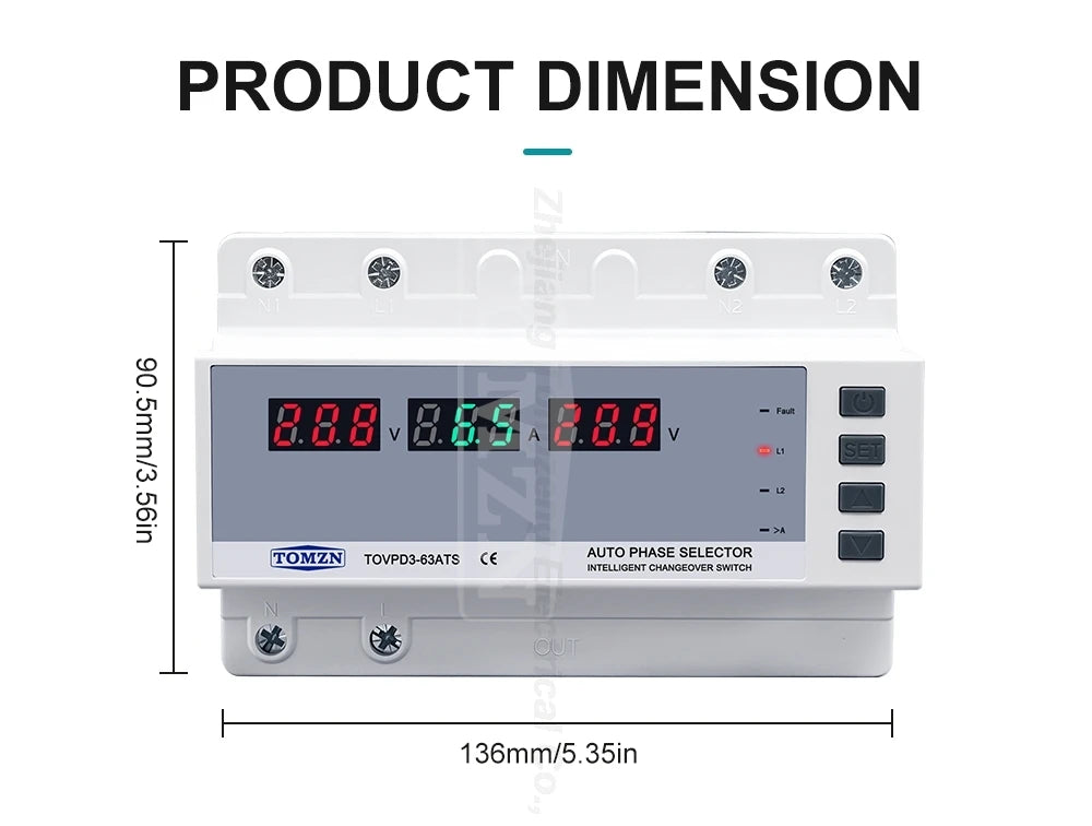 TOMZN Dual Power Automatic Transfer Switch Relay Over Under Voltage Current Protection with LED Display and Overload Cut Off