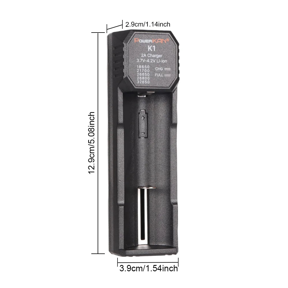 POWERKAN K1 1 Slot Smart Charger, Type-C Fast Charger for 18650 21700 26650 Li-ion Batteries