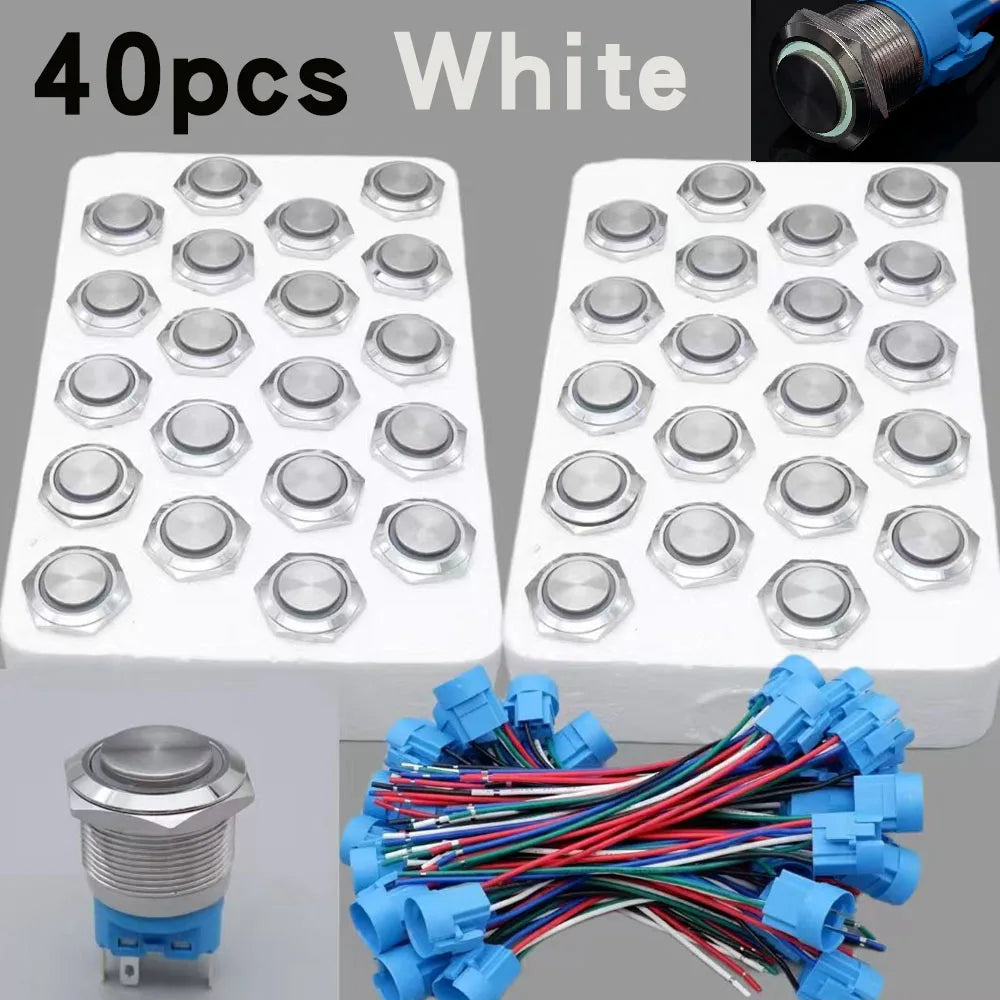 40pcs 22mm Push Button Switch Latching Momentary Metal PC Power LED Light On Off with Wire Waterproof 12v 3v 5v 6v 24v 220v Red