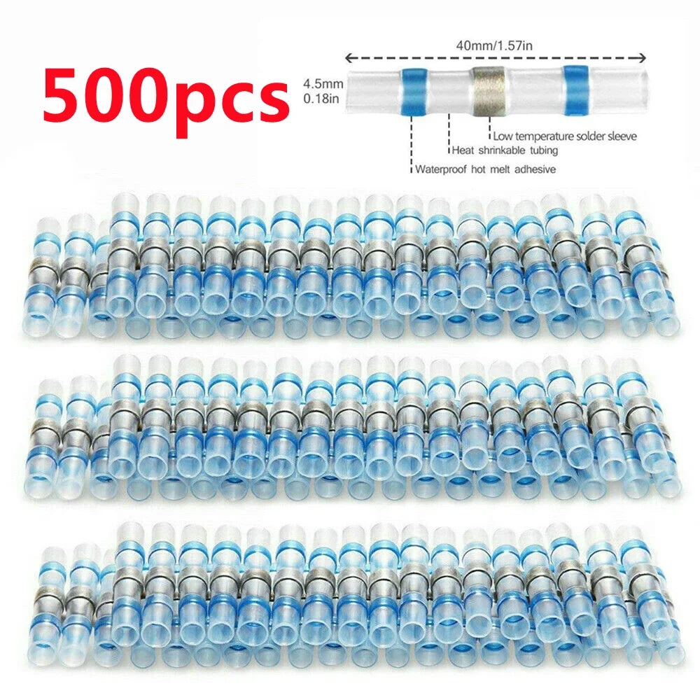 500/1000PCS Waterproof Solder Seal Sleeve Splice Terminal Tinned Copper Heat Shrink Electrical Wire Butt Connector AWG16-14 Blue