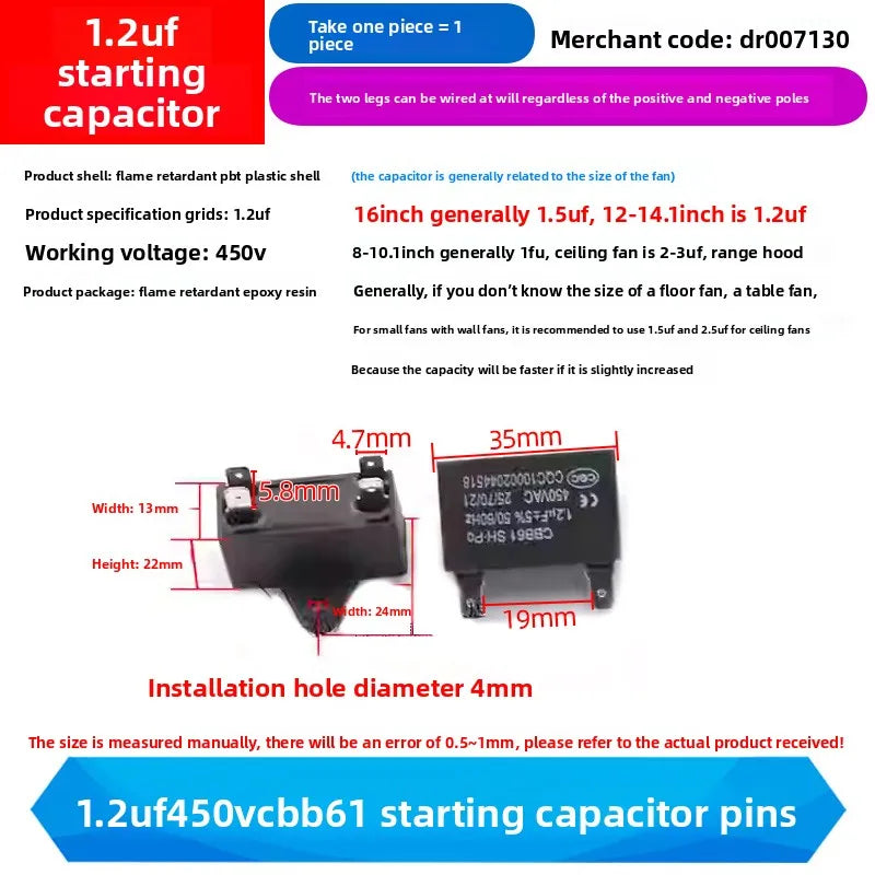 CBB61 Fan Air Conditioner Starting Capacitor 450V 1/1.2/1.5/2/2.5/3/3.5/4/4.5/5/6/7/8/10/12UF Ceiling Fan Hood Motor Capacitor