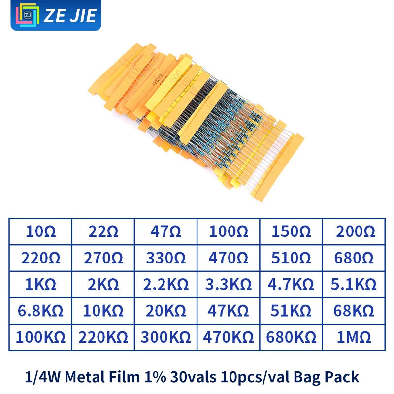 1/4W Metal Film Resistor Assortment Kit, 1/2W 1W 2W 3W 5W Through Hole Electronic Components Pack, 30/41/130 Kinds 1% Tolerance