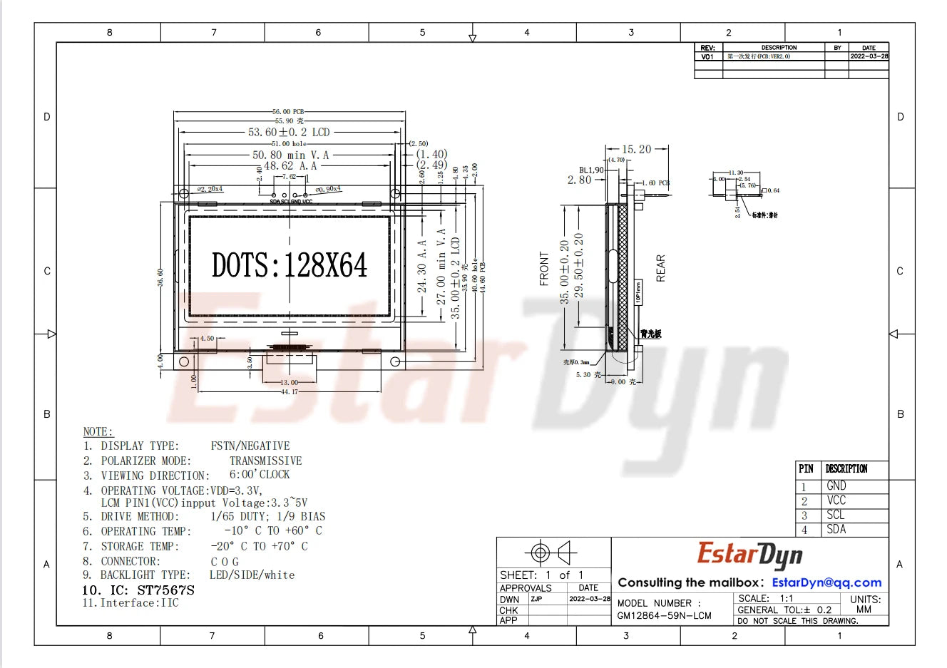 12864 IIC 4P LCD Module 128X64 I2C ST7567S COG Graphic Display Screen Board LCM Panel 128x64 Dot Matrix Screen for