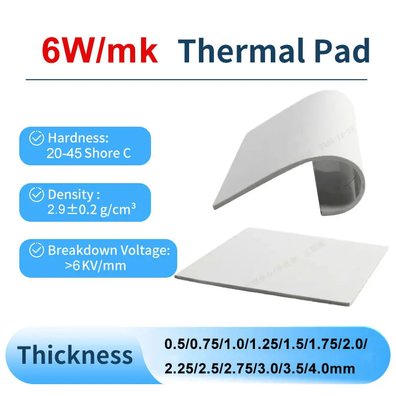 FEHONDA Thermal Pad 6W/mk Soft Thermal Silicone Pad 0.5/0.75/1.0/1.5/2.0/2.5/2.75/3.0/3.5/4.0mm Thermal Pads for GPU CPU PS4