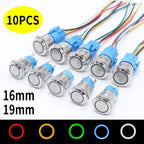 10PCS 16mm 19mm Metal Power Switch Button Flat Round LED Lamp Light Waterproof Latching /Self-reset Button Car Start Switch 12V