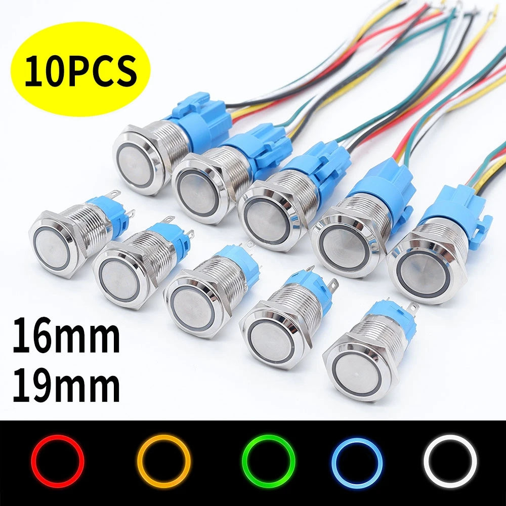 10PCS 16mm 19mm Metal Power Switch Button Flat Round LED Lamp Light Waterproof Latching /Self-reset Button Car Start Switch 12V