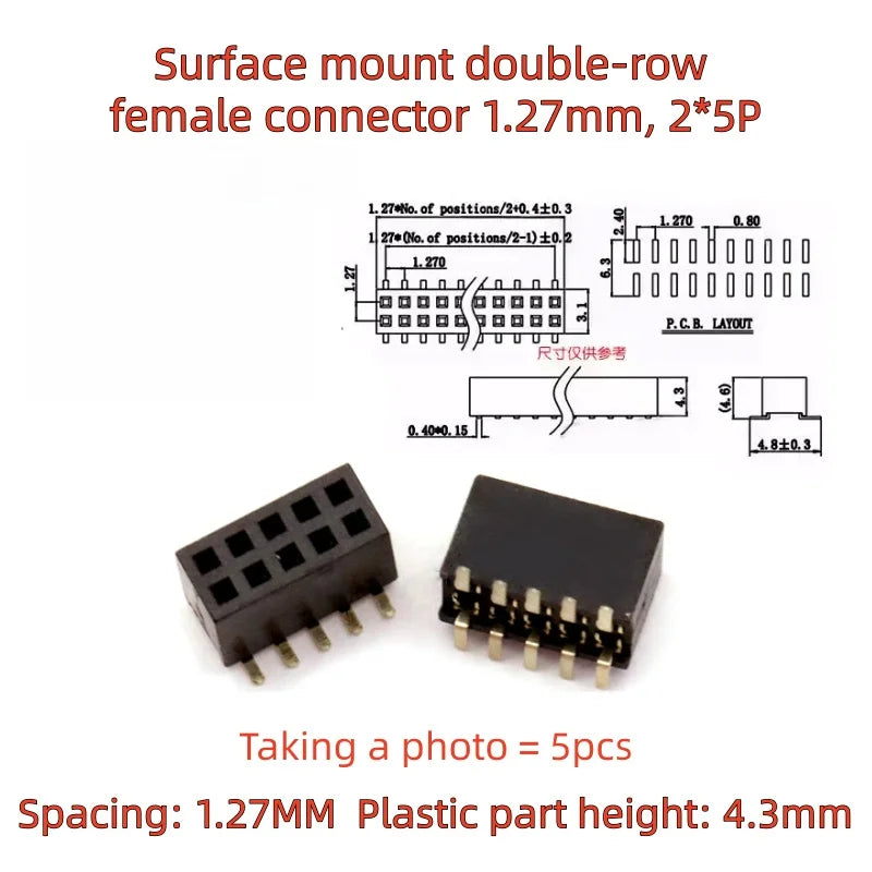 5PCS SMD SMT 2*2/3/4/5/6/7/8/10/12/20/40/50 PIN Double Row Pin Female Header 1.27MM Pitch Connector Socket 2X/6/8/10/20