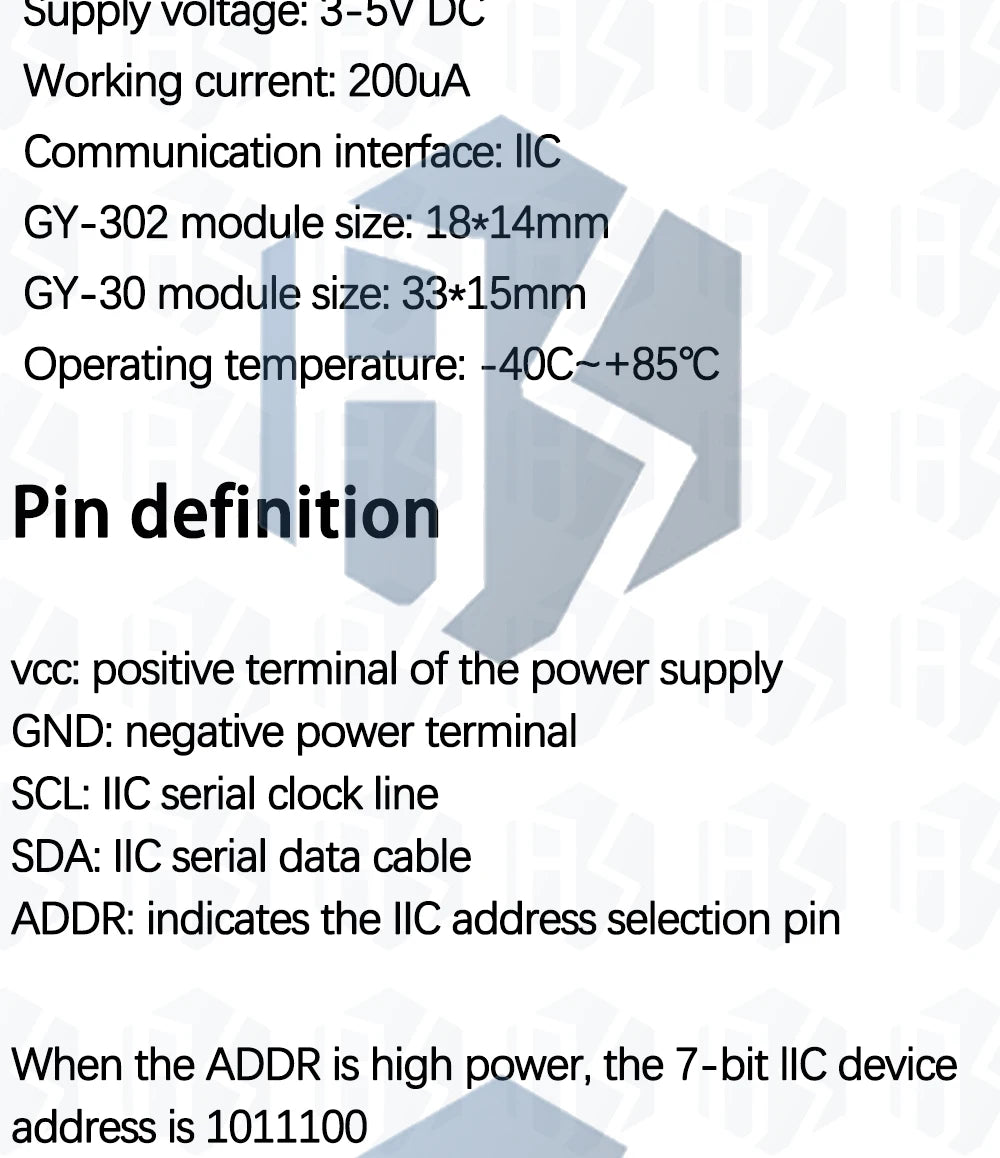 GY - 30 / GY - 302 BH1750 BH1750FVI Light Intensity Illumination Module: 3V - 5V Compatibility for Arduino Projects