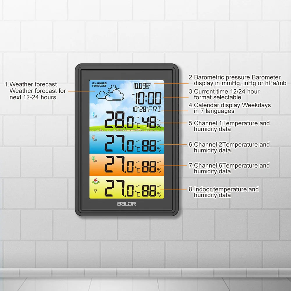 BALDR Wireless Large Screen Weather Station Digital Hygrometer Thermometer DCF Alarm Clock Calendar Barometer 3 Forecast Sensor