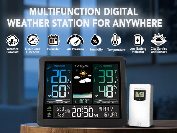 Wireless Weather Station Digital Indoor Outdoor Thermometer Hygrometer with 3 Remote Sensors Sunrise Sunset Forecast Alarm Clock