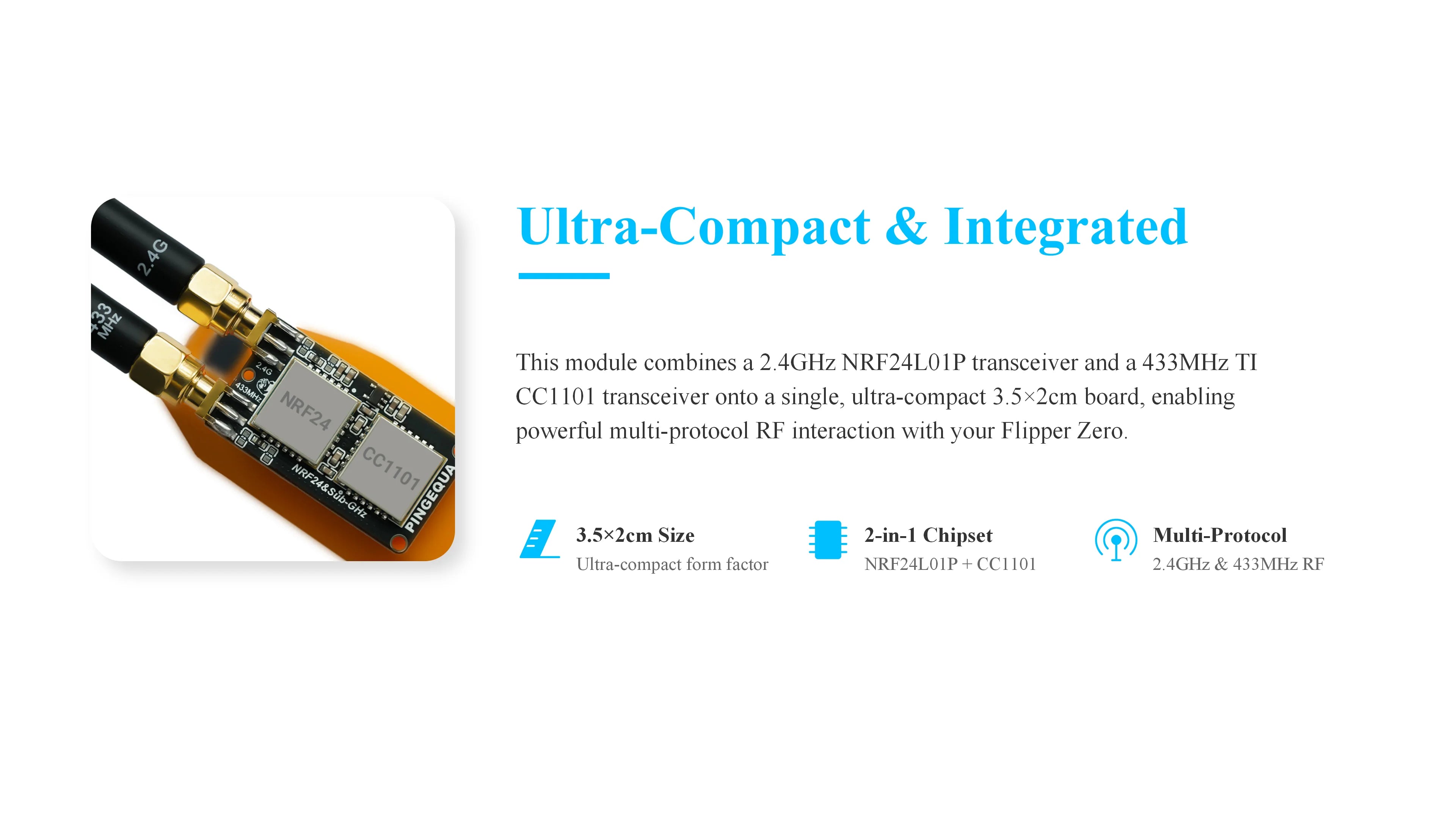 Flipper Zero RF Development Board, PINGEQUA RF Lab App-Ready, NRF24 + CC1101 Module 2.4GHz & 433MHz Auto Switch