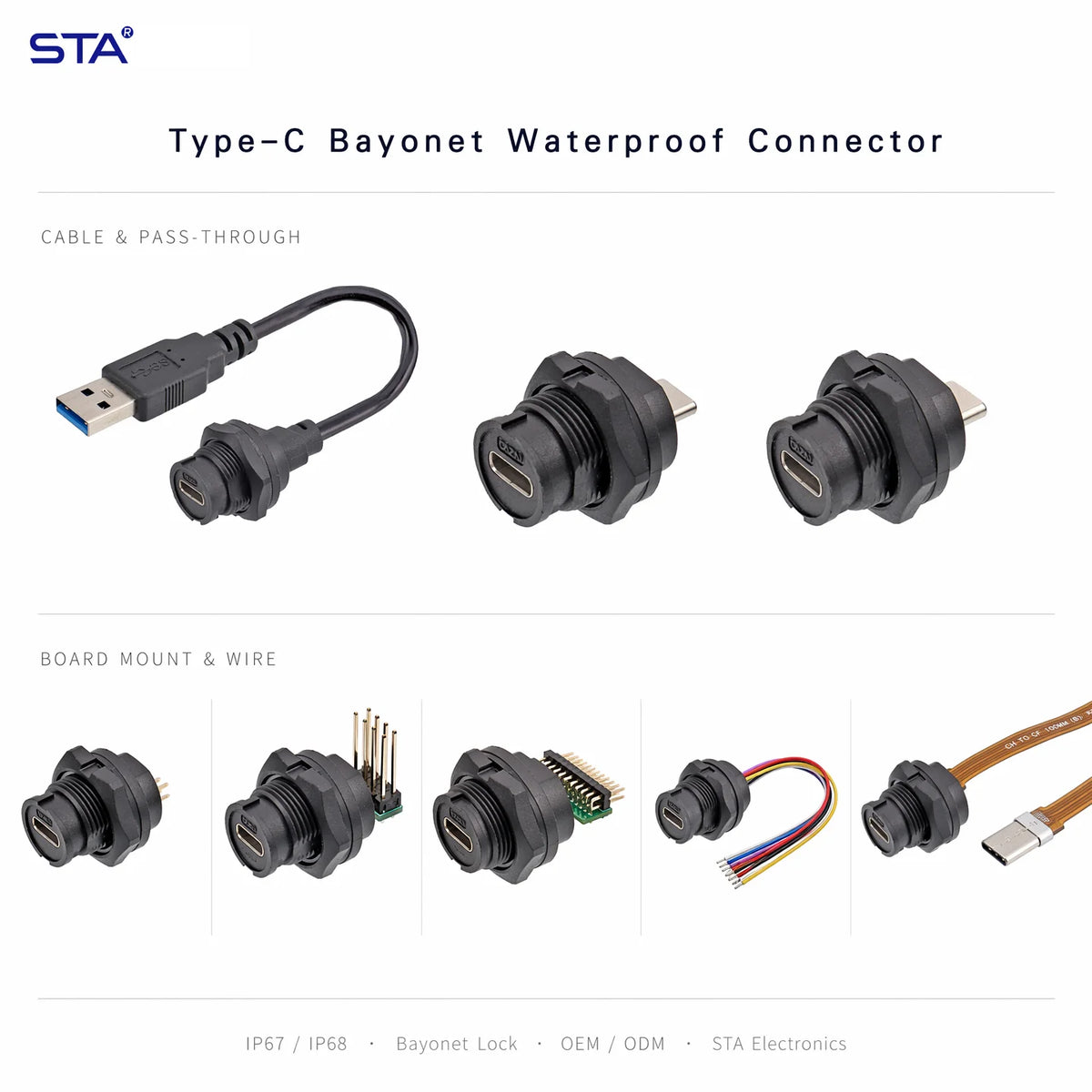 Type-c to USB 3.0 IP67/Ip68 Waterproof Connector Aviation Plug Quick Charge Female to Female Panel Mount PCB Socket FPC Cable