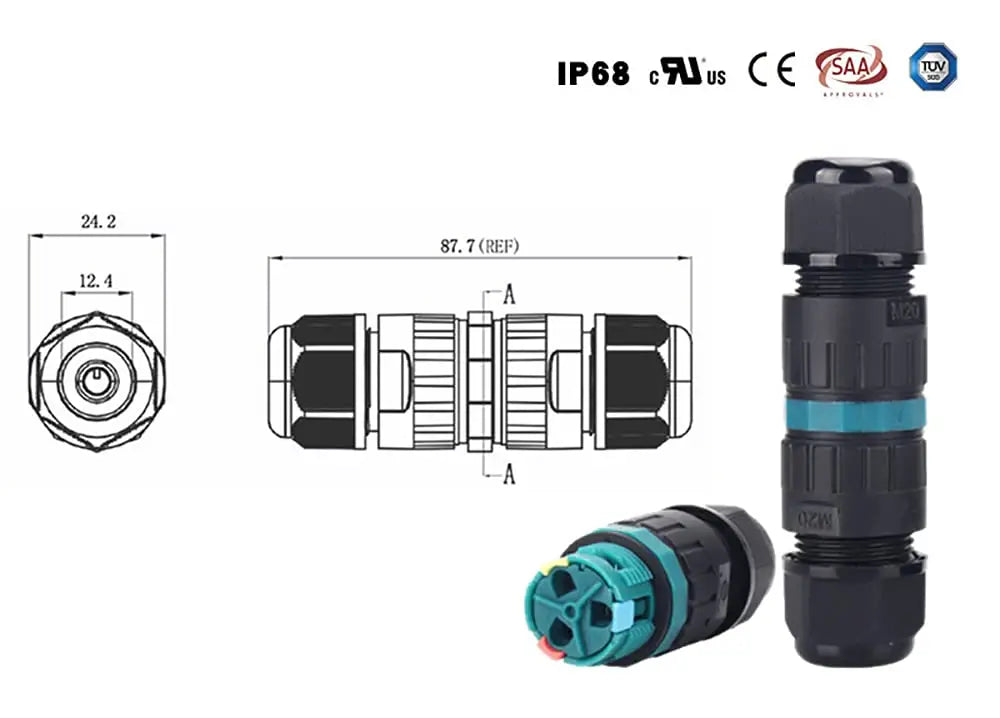 2pcs IP68 Screwless Lever-Nut Waterproof Junction Quick Wire Cable Connector 2Way 3Core M20 Plug Wire 5-12mm External Cord Boxes