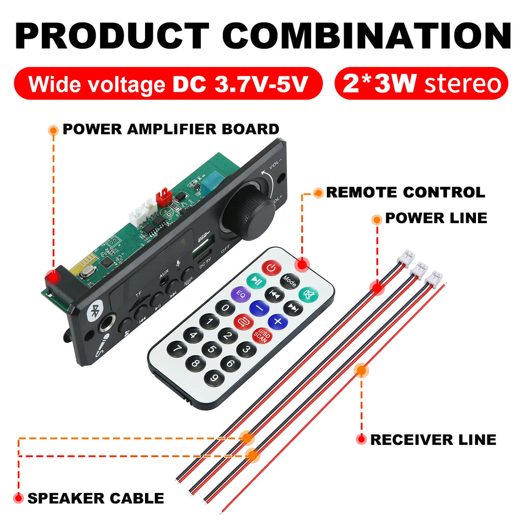 2*3W 6W Amplifier 5V MP3 Decoder Board Bluetooth 5.0 Stereo Audio DIY Car MP3 Player FM Radio TF USB 6.5mm Mic jack Record Call