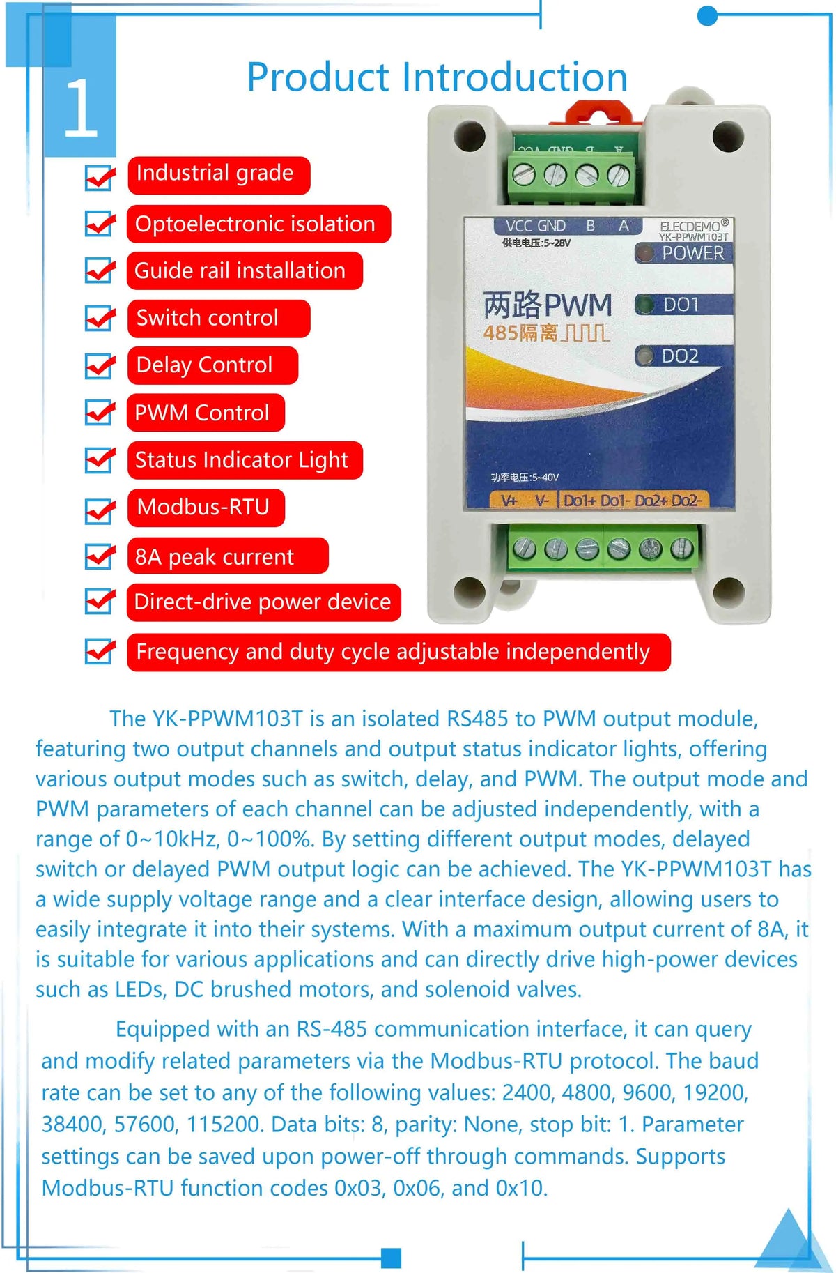 Adjustable PWM Pulse Generator Module, RS485 Modbus RTU 8A High Current Control, Frequency Duty Cycle, High Precision DIY Board
