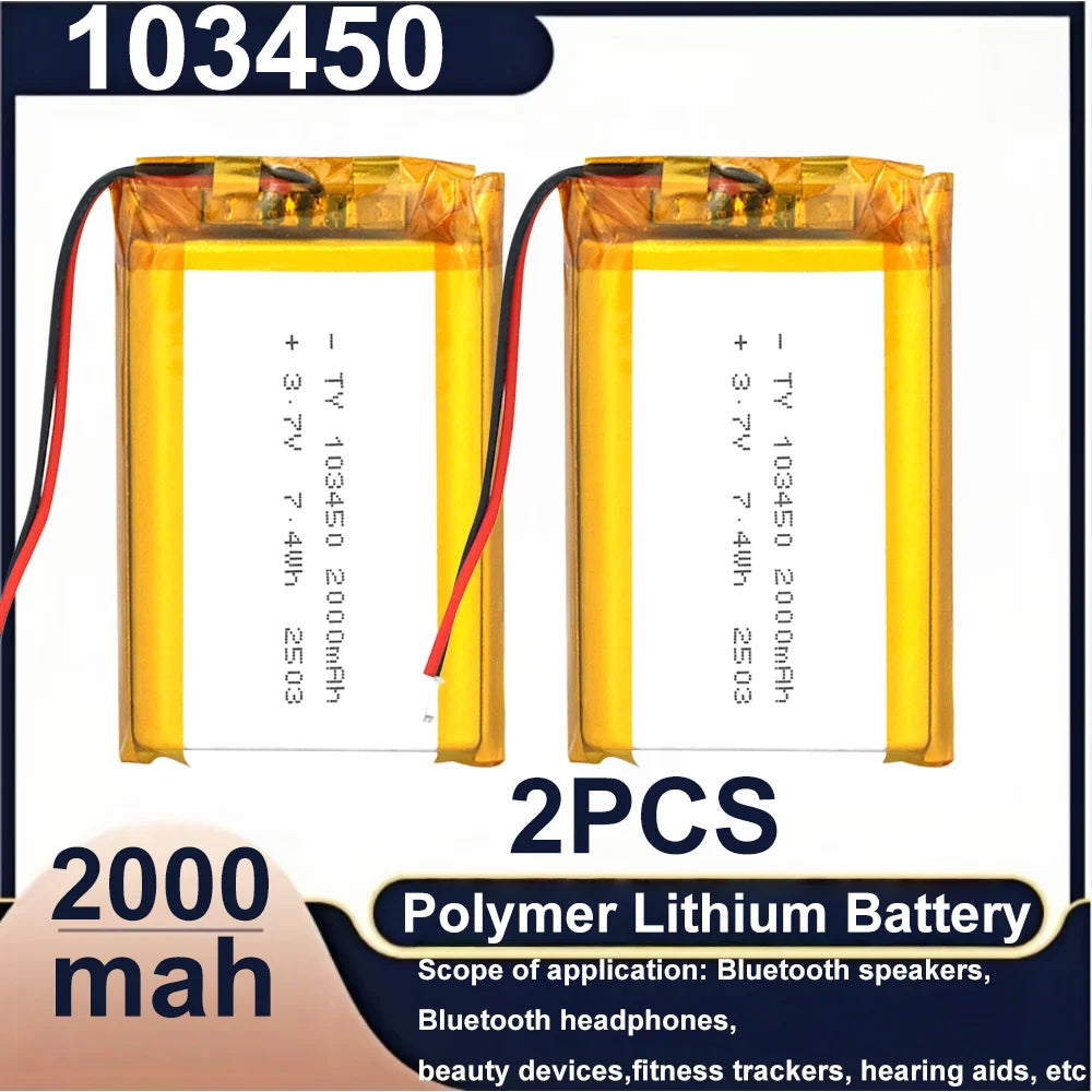 103450 3.7V 2000mAh Polymer Lithium Rechargeable Battery JST PH 2.0mm 2Pin Plug for Camera GPS Navigator MP5 Bluetooth Headset