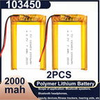 103450 3.7V 2000mAh Polymer Lithium Rechargeable Battery JST PH 2.0mm 2Pin Plug for Camera GPS Navigator MP5 Bluetooth Headset