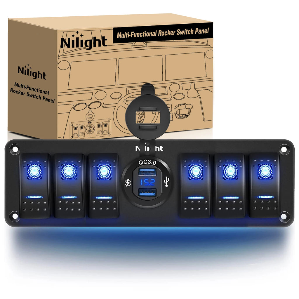 Nilight 8 Gang Rocker Switch Panel 5Pin On Off Toggle Aluminum Holder 12V 24V Dash Pre-Wired Red Backlit Switches for Automotive Cars Marine Boats RVs Truck