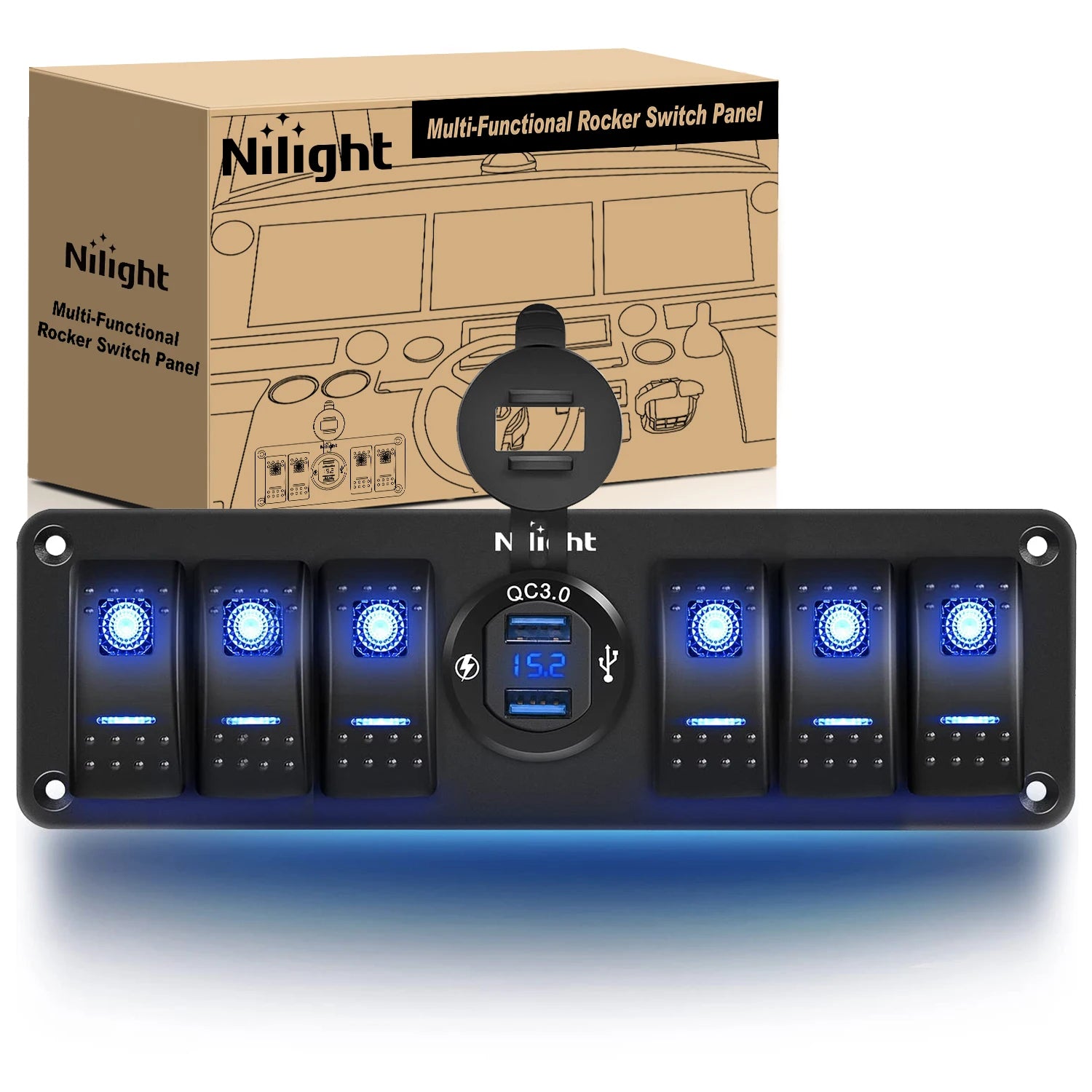 Nilight 8 Gang Rocker Switch Panel 5Pin On Off Toggle Aluminum Holder 12V 24V Dash Pre-Wired Red Backlit Switches for Automotive Cars Marine Boats RVs Truck