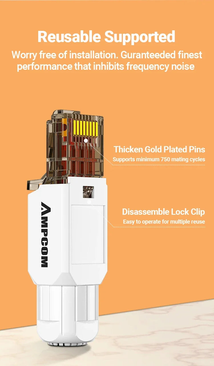 AMPCOM Tool Free RJ45 Connector, No Crimp Tool Less UTP 1000Mbps CAT6/CAT6A Modular PLug for Stranded Solid Lan Ethernet Cable