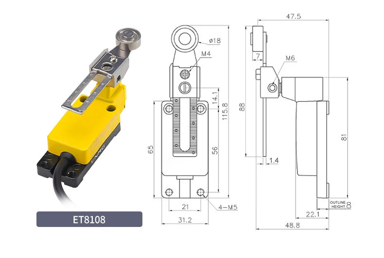 ENMG ET8108-CF IP67 Waterproof Travel Limit Switch Mechanical Position Switch Roller Lever for Industrial Equipment Farm Manure