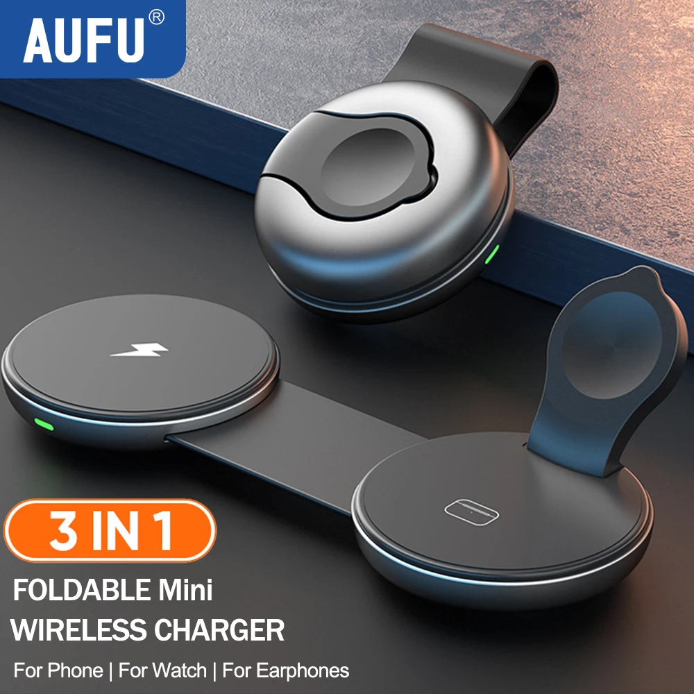 AUFU 3 in 1 Wireless Charging Station Fast Magnetic Foldable Travel Charger Station for iPhone 16 15 14 Pro Apple Watch Airpods